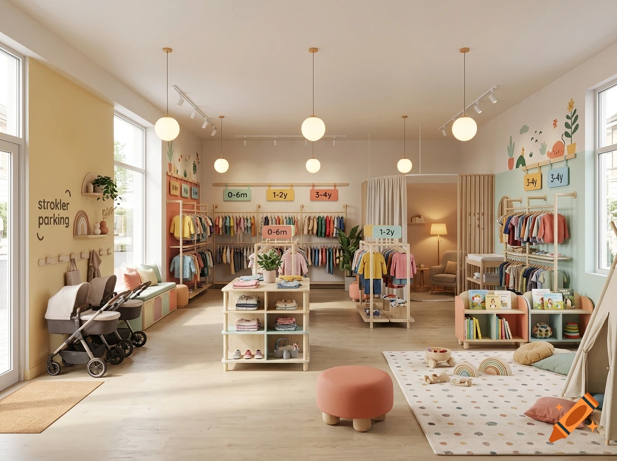 Bright, minimalist children's secondhand clothing store with clothing racks, a stroller parking area, and a play corner.