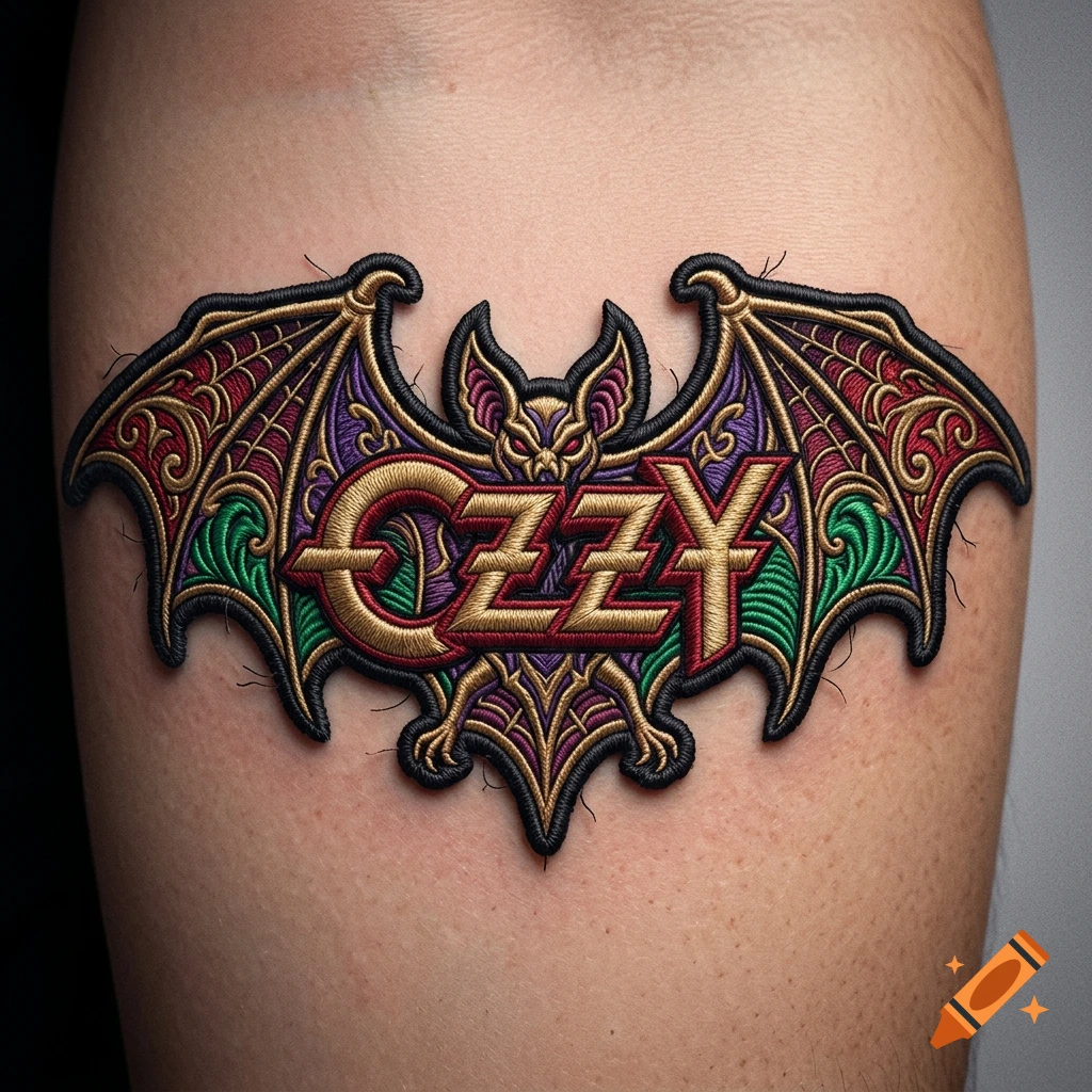 An embroidered patch in the shape of a bat with the text OZZY sewn onto skin.