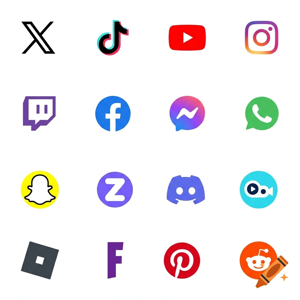 A grid of popular social media and app icons on a white background, minimal style.
