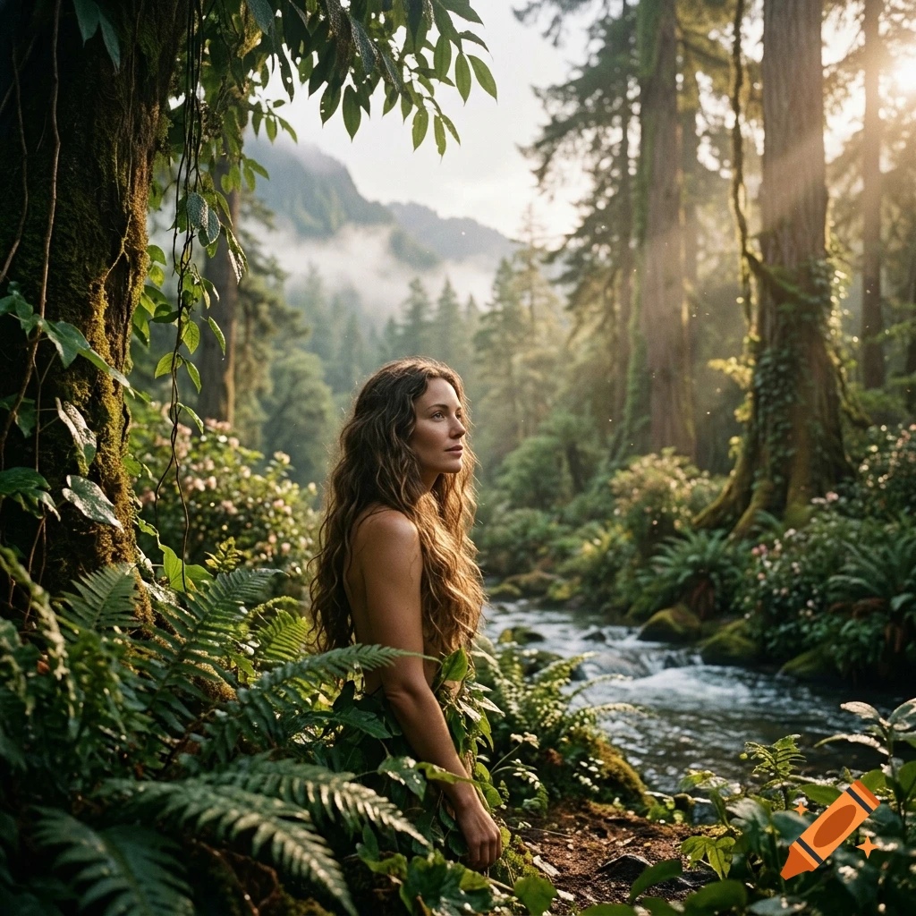 Photorealistic image of a woman with long wavy hair standing in a lush, sunlit forest by a river, partially covered in leaves.