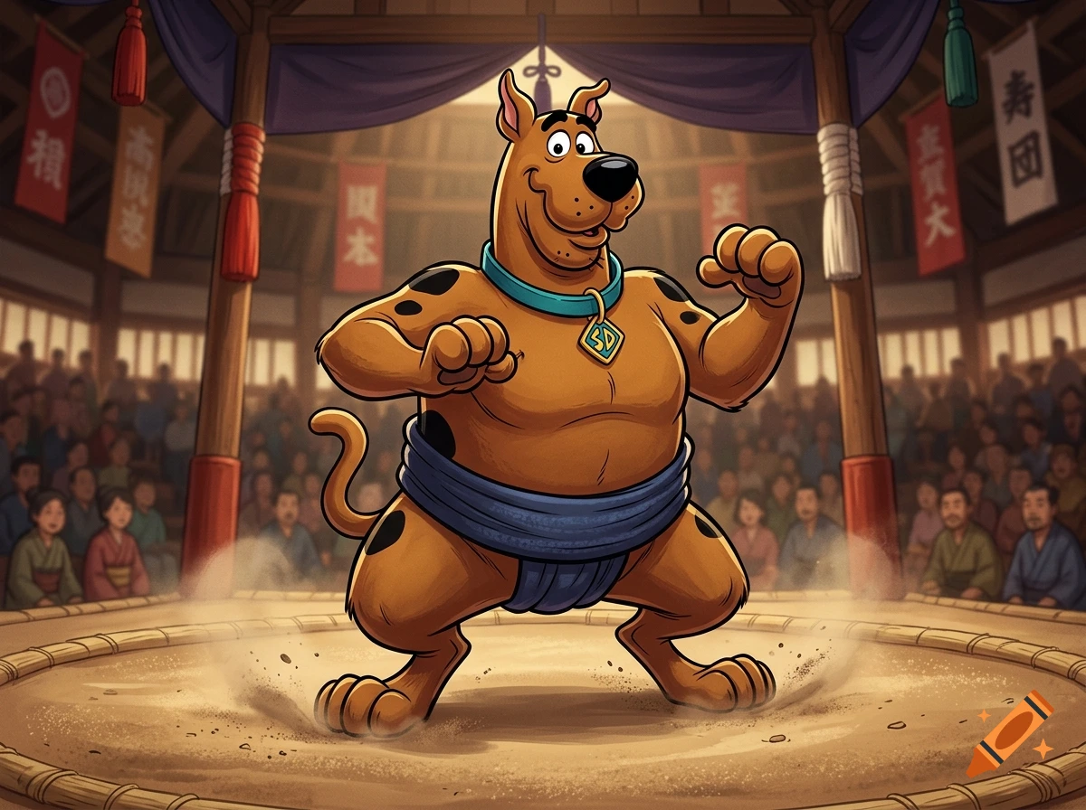 Scooby-Doo dressed as a sumo wrestler in a traditional ring with an audience watching.