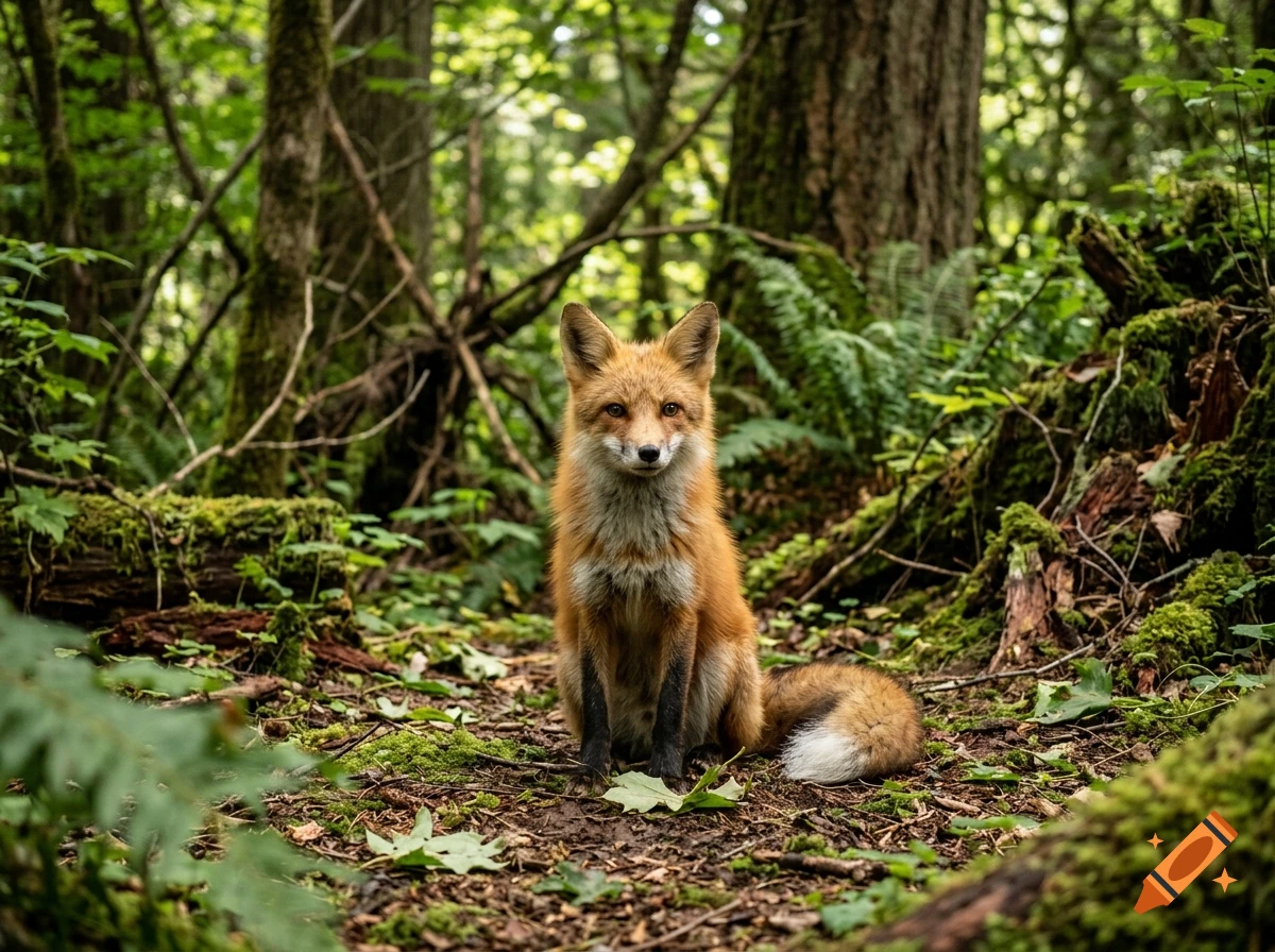 Photorealistic red fox sitting on a mossy forest floor among trees and ferns.