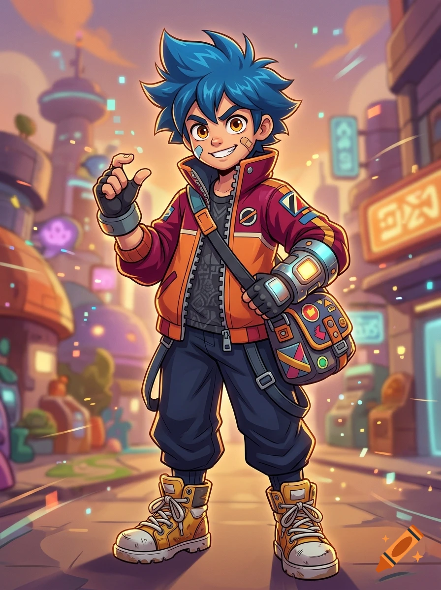 An anime-style male character with blue hair in a futuristic city, wearing a colorful jacket and carrying a bag.
