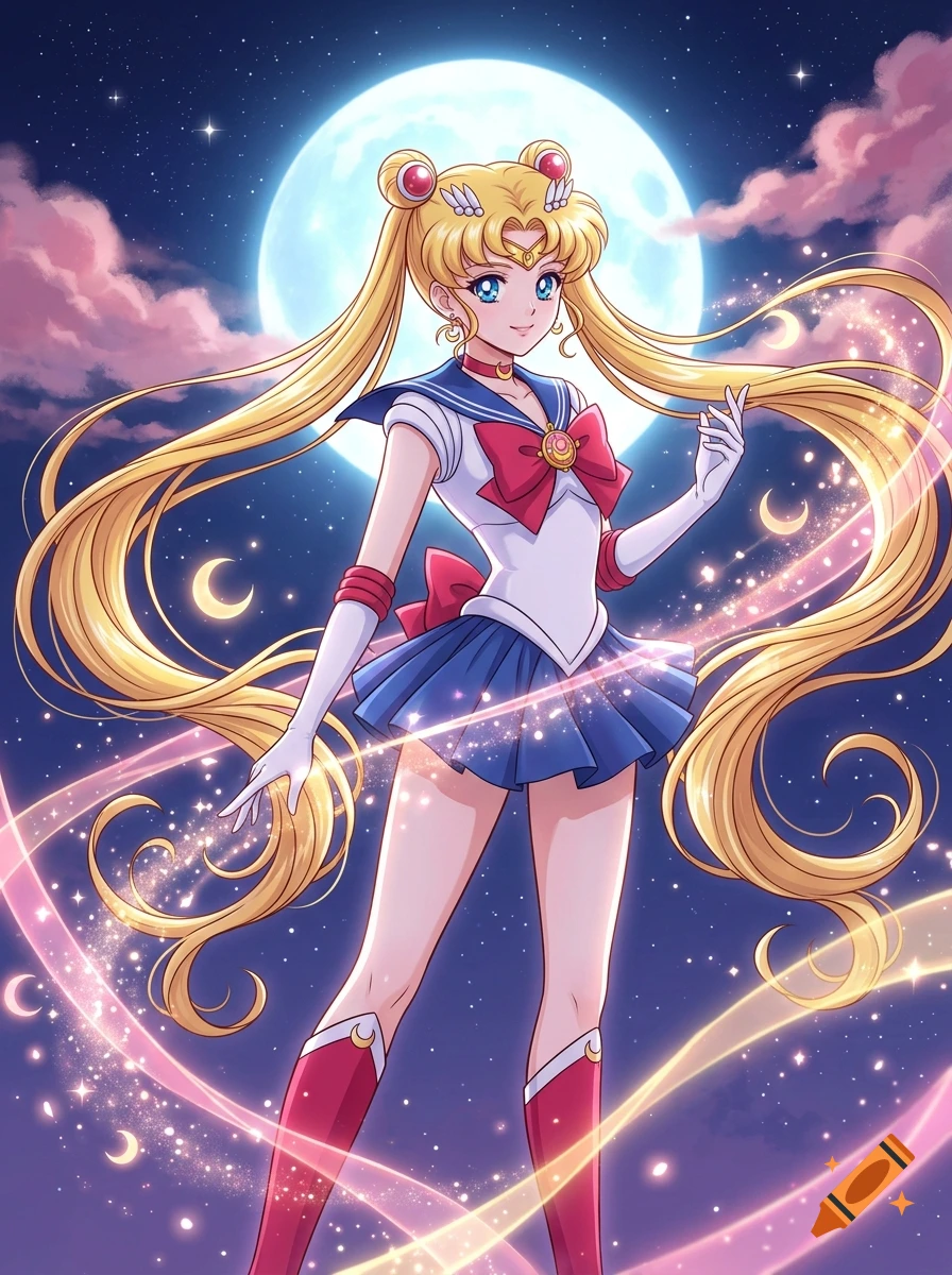Anime style illustration of Sailor Moon posing against a large full moon and starry night sky background.