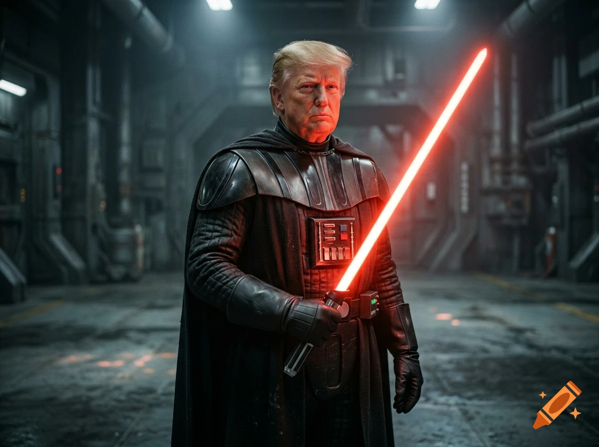 Donald Trump wearing Darth Vader armor with a red lightsaber in a futuristic industrial corridor, photorealistic.