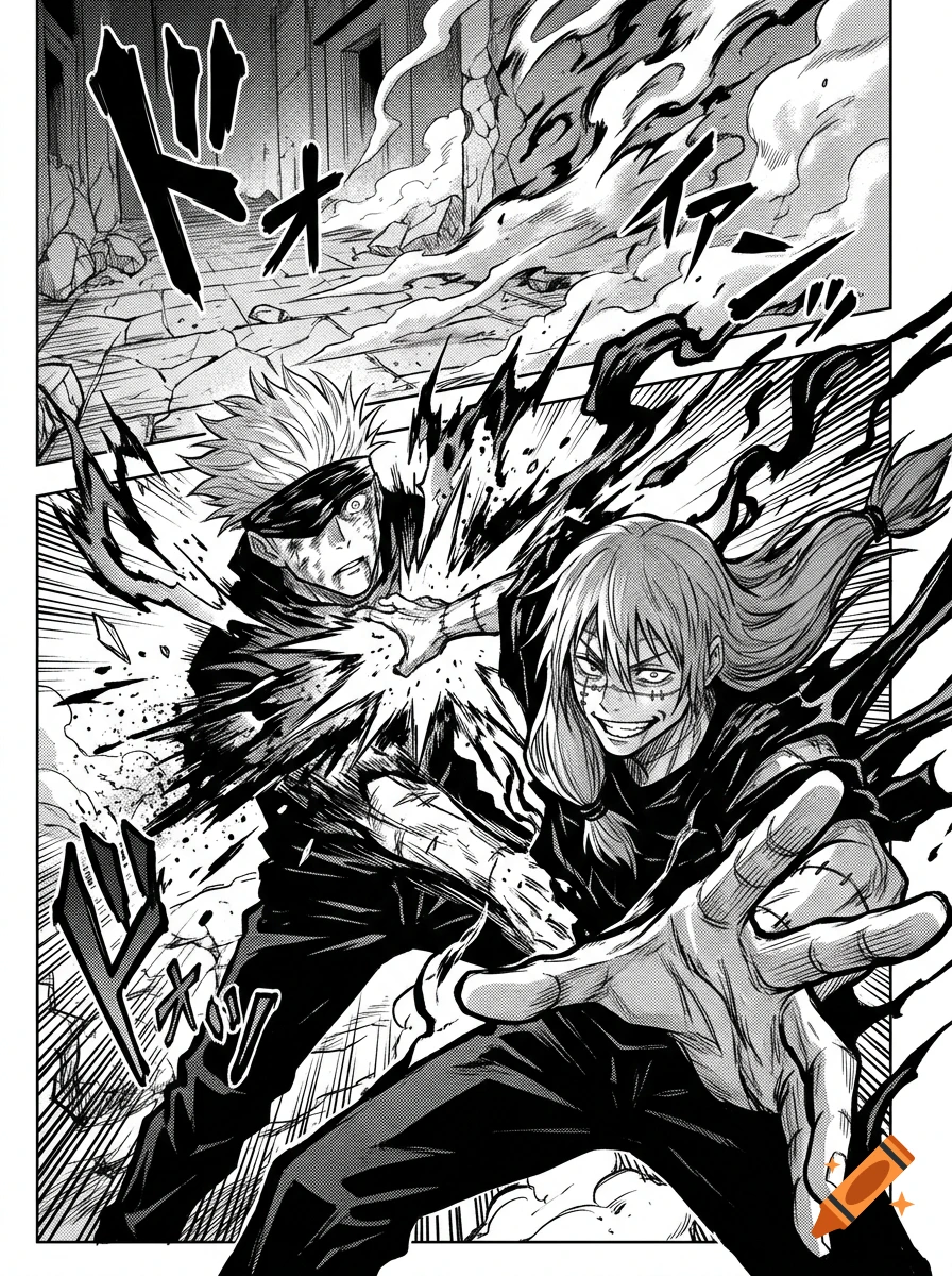 Black and white manga panel showing Mahito attacking Gojo in a destructive indoor setting.