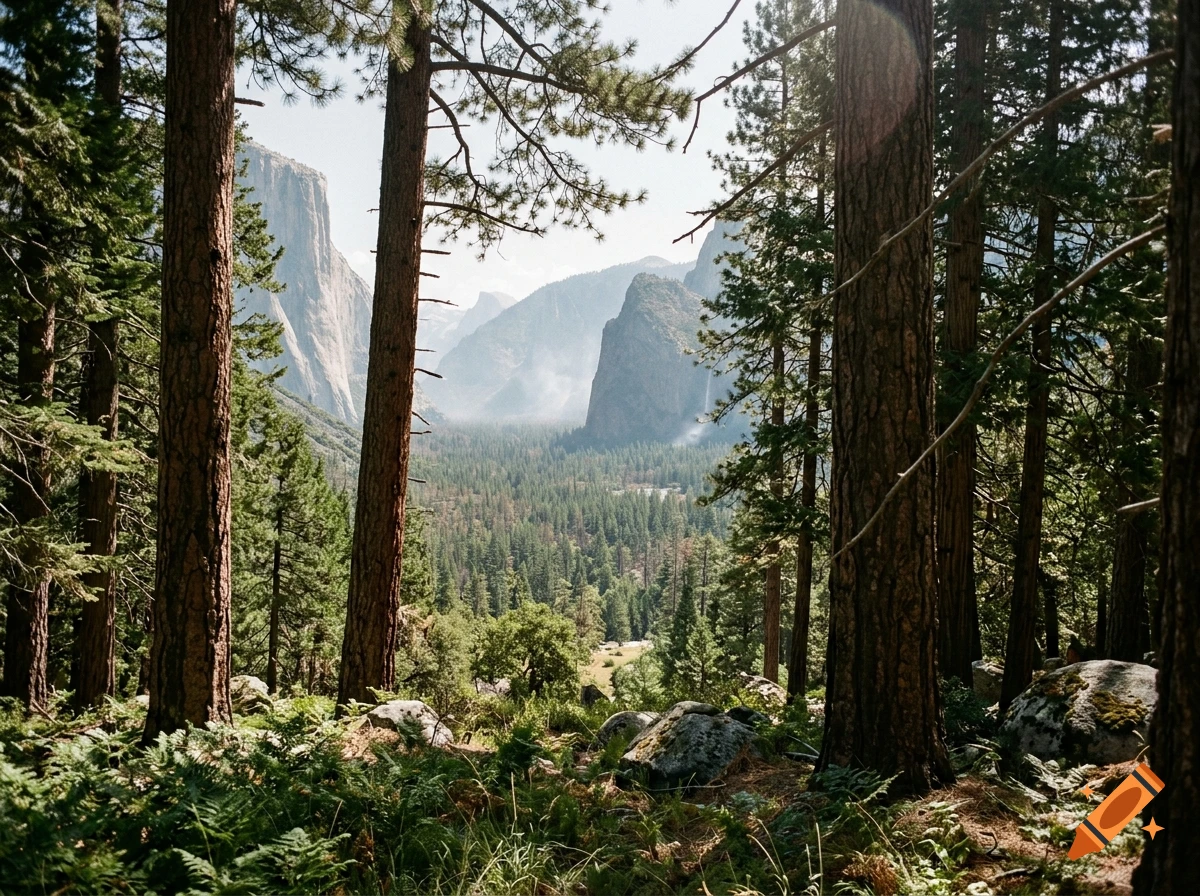 Photorealistic view of Yosemite Valley framed by tall pine trees in the foreground with mountains in the background.