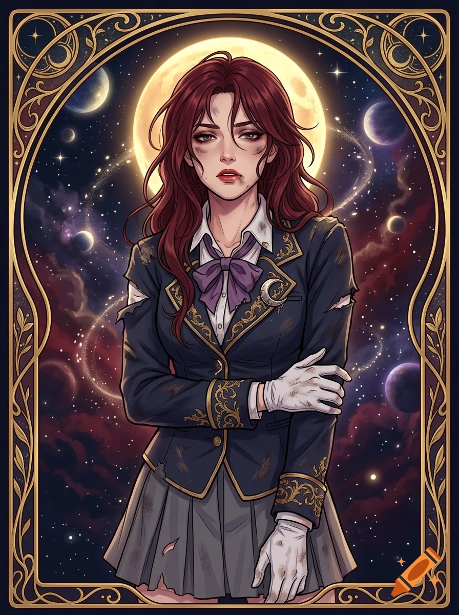 Anime art nouveau portrait of a tired female warrior with red hair and a navy uniform in front of a cosmic space background.