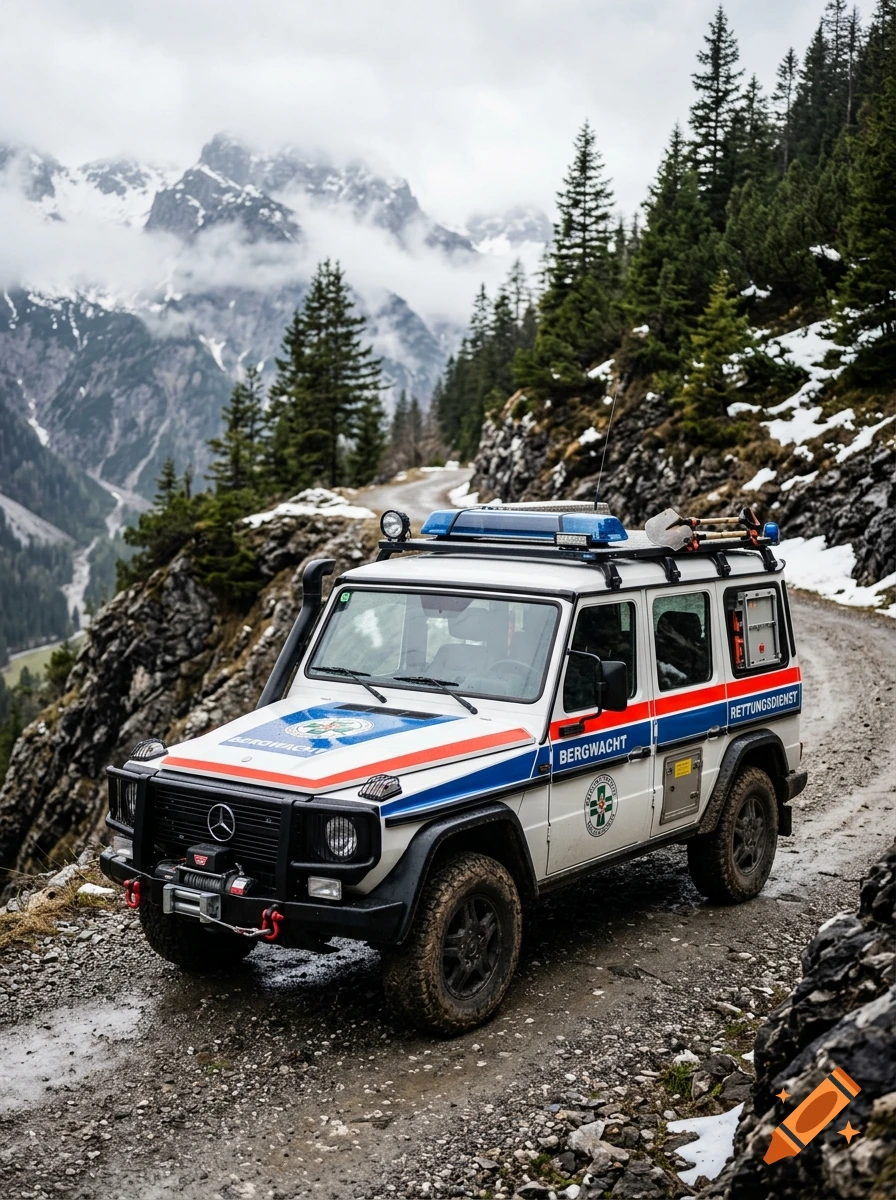 Photorealistic image of a white and blue Bergwacht mountain rescue off-road vehicle parked on a rocky alpine mountain road.