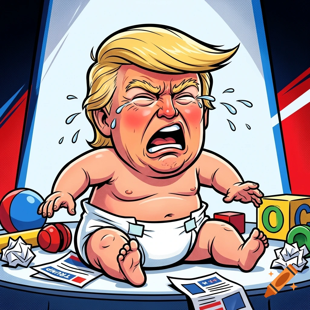 A satirical comic-style illustration of Donald Trump depicted as a crying baby in a diaper, surrounded by toys and crumpled papers.