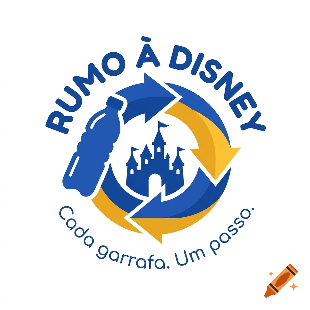 Vector logo for Rumo a Disney featuring a recycling symbol with a bottle and castle silhouette, with text.