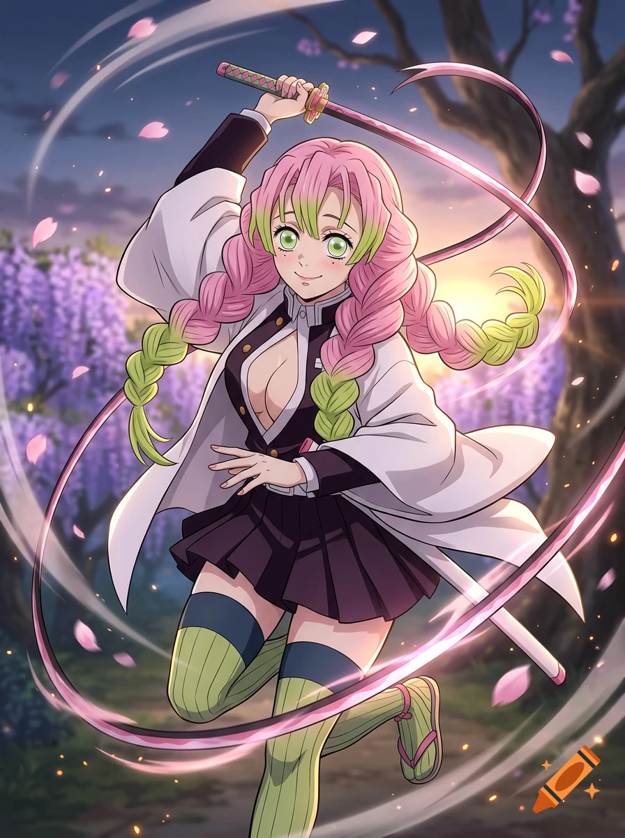 Anime style illustration of Mitsuri from Demon Slayer holding a pink nichirin sword amidst cherry blossoms and wisteria.