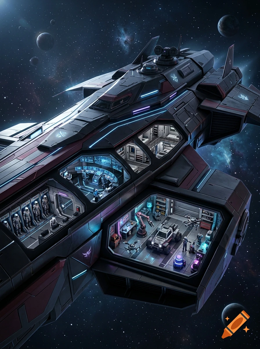 A detailed futuristic spaceship in deep space with cutaway sections revealing internal compartments, a bridge, crew quarters, and a hangar bay with rovers and robots.