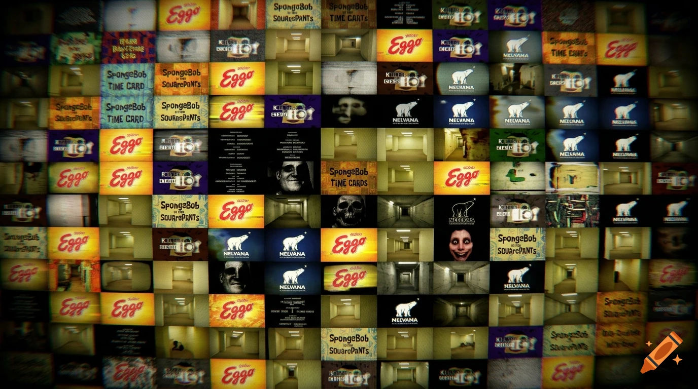 A massive grid collage of television screens displaying SpongeBob time cards, Eggo logos, backrooms, and creepy faces with motion blur.