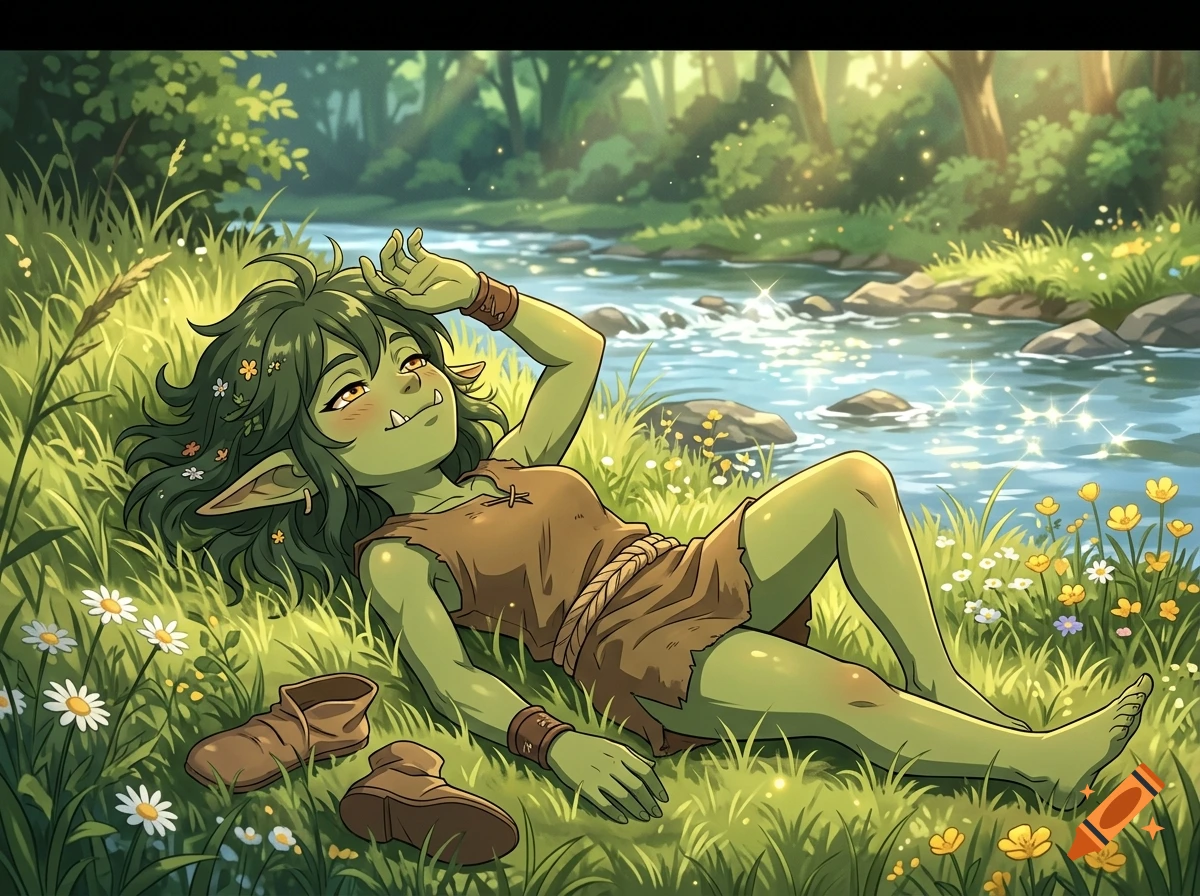Anime style illustration of a green goblin resting in the grass by a sunny river in a forest.
