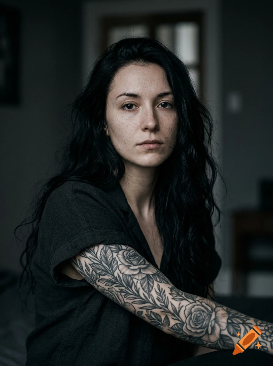 Photorealistic moody portrait of a young alternative woman with long black hair and a detailed floral tattoo sleeve.