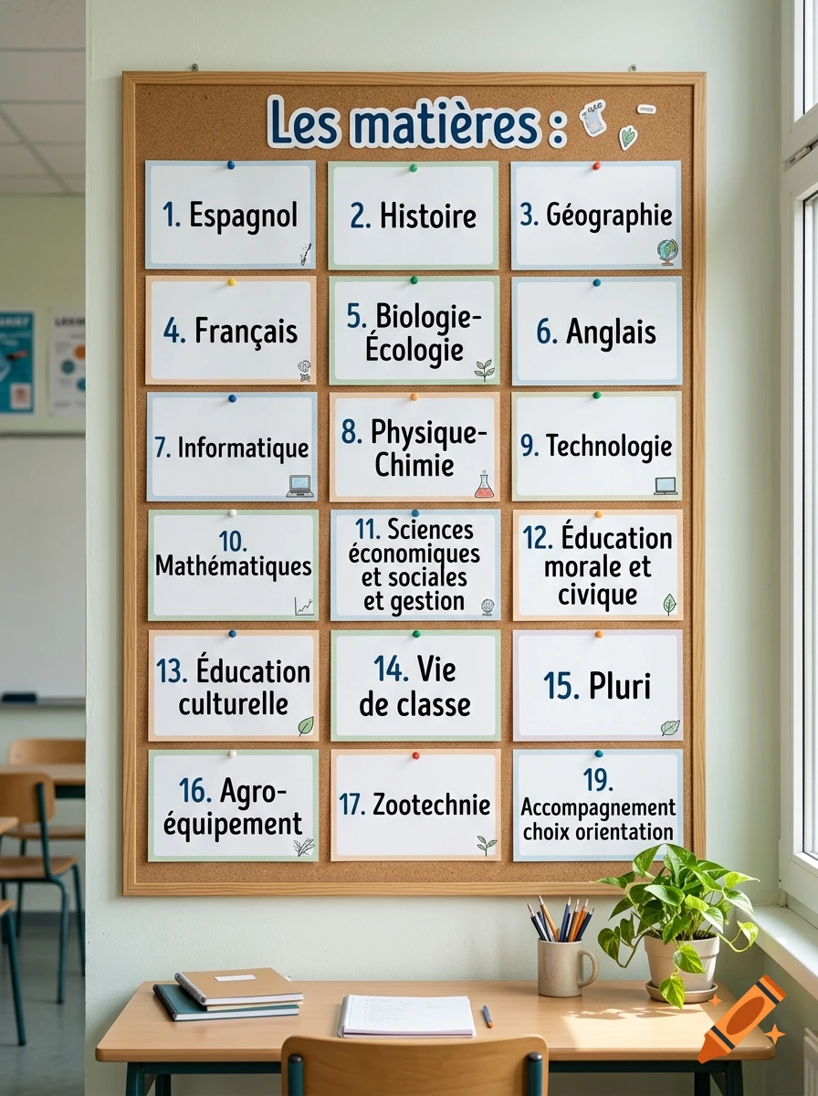 Corkboard on a light green wall displaying a list of school subjects in French, with a desk and plant underneath.