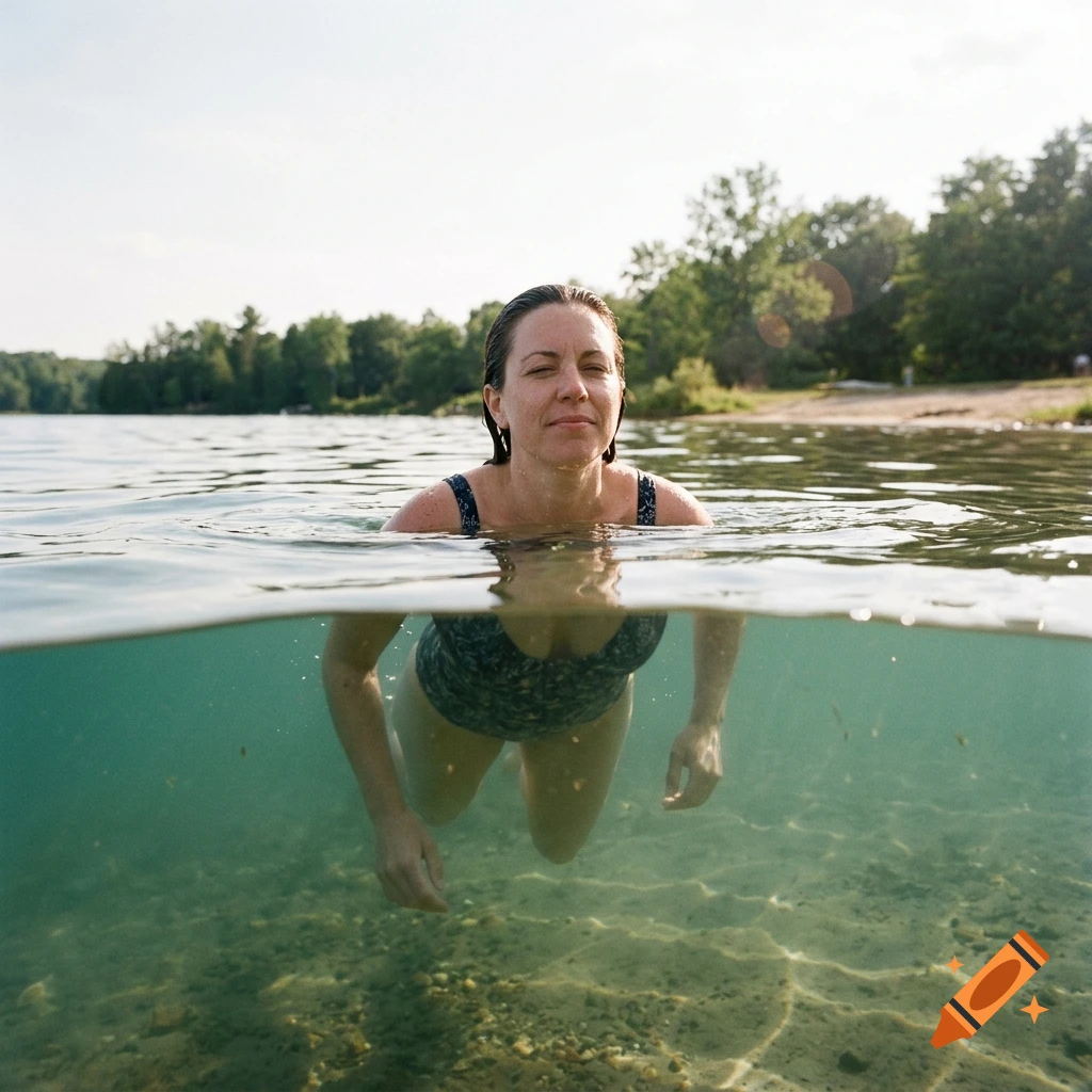 A split underwater and surface photograph of a woman swimming in a calm lake with a forested shoreline in the background.