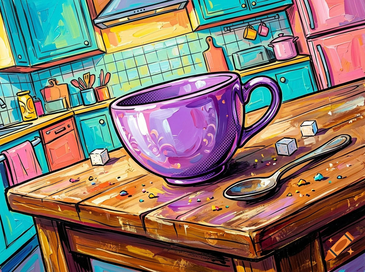 Pop art acrylic painting of a purple teacup and sugar cubes on a wooden kitchen table.