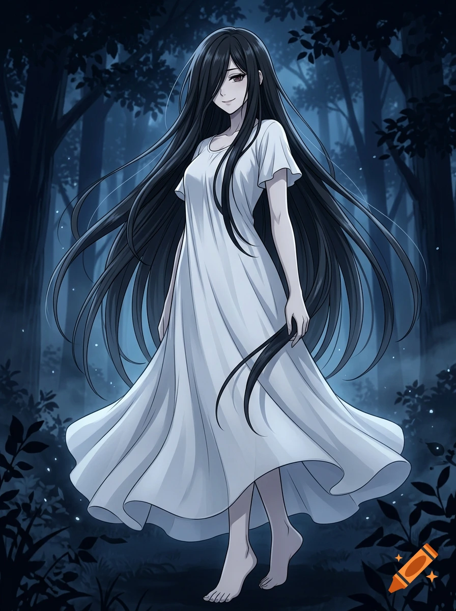 An anime-style illustration of a woman with long black hair wearing a white dress in a dark forest at night.