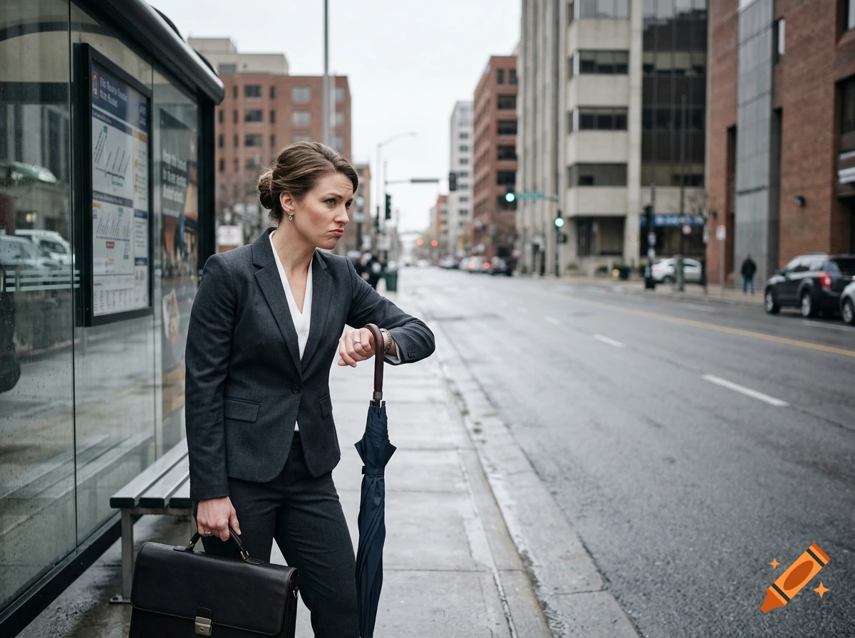 Photorealistic image of an annoyed woman in a business suit waiting at a city bus stop, holding an umbrella and briefcase.