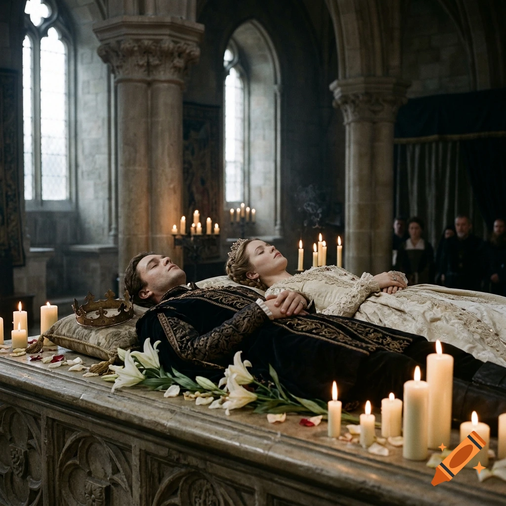 Photorealistic scene of a dead prince and princess lying in state inside a stone cathedral surrounded by candles and lilies.