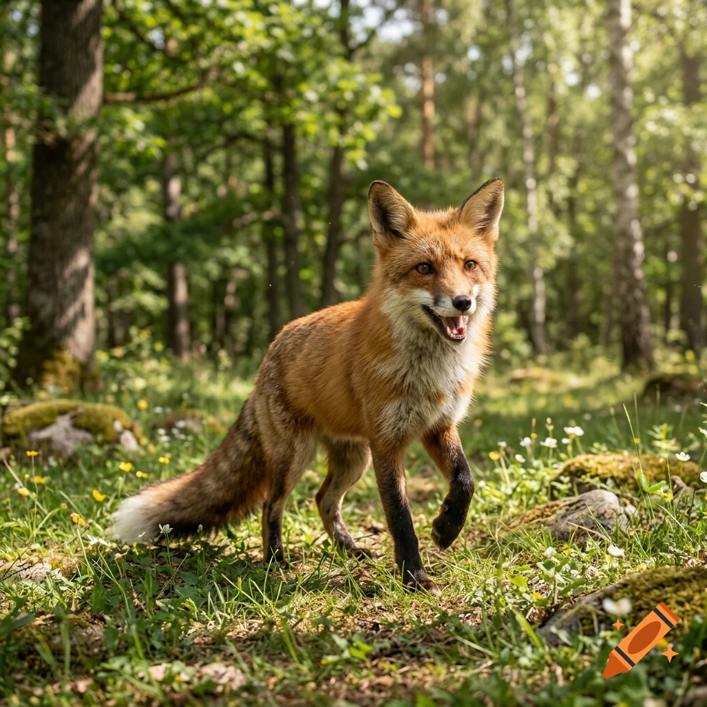 Photorealistic red fox walking through a sunny forest on a grassy ground with wildflowers.