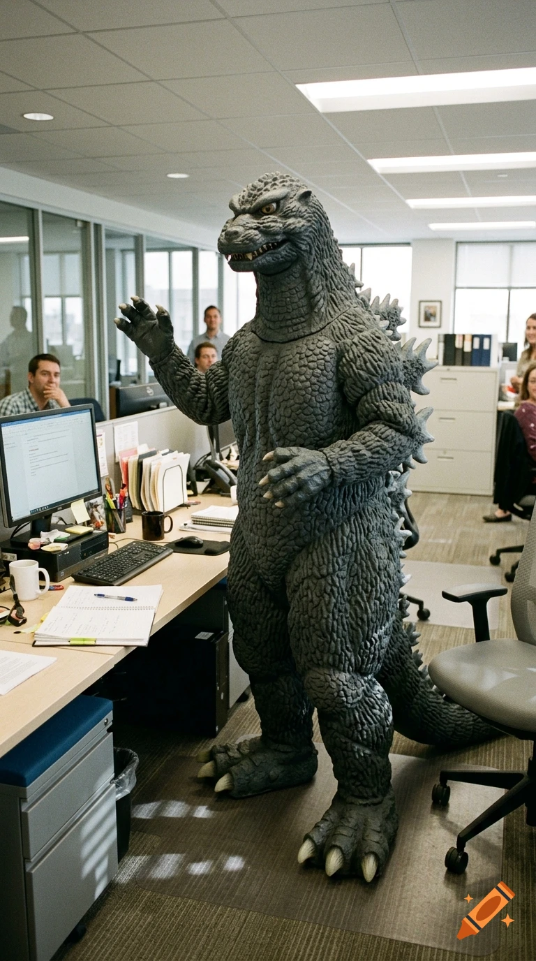 A person in a realistic Godzilla costume stands in the middle of a modern office space, surrounded by desks and coworkers.