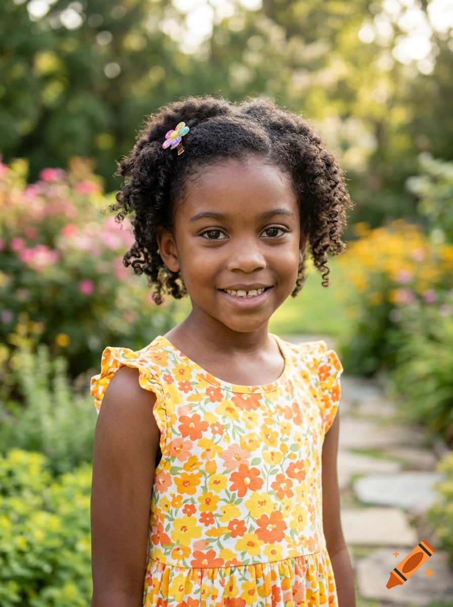 Photorealistic portrait of a smiling young Black girl with curly hair and a flower hair clip, wearing a yellow floral dress in a garden setting.