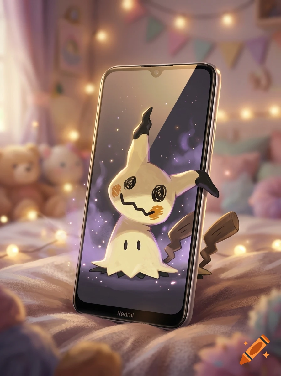 Digital illustration of the Pokémon Mimikyu emerging from a smartphone screen in a cozy bedroom.