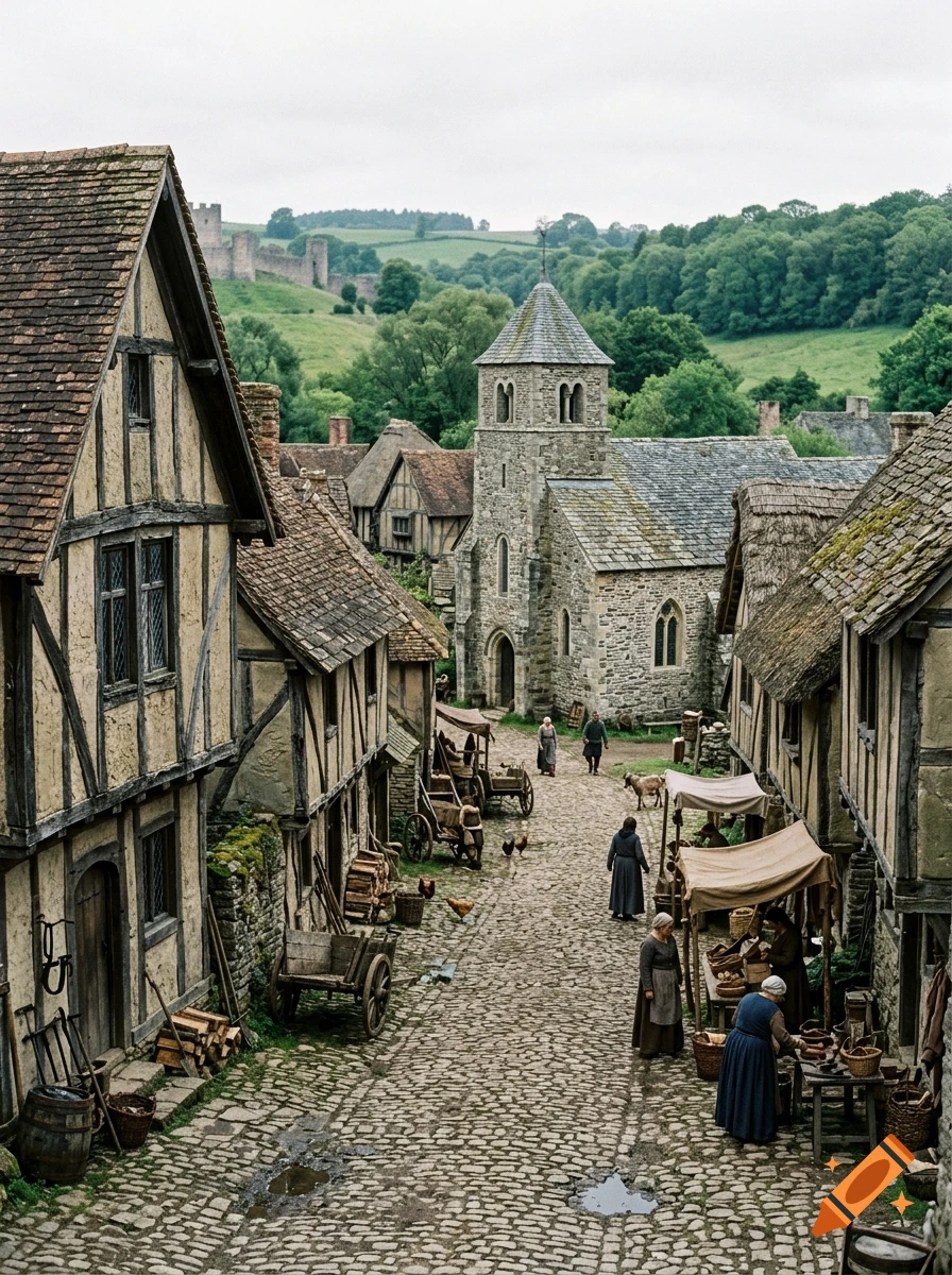 A photorealistic high-angle view of a medieval European village street with timber-framed houses, cobblestone road, and a stone church with a tower.
