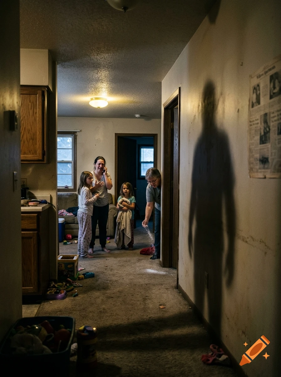 Photorealistic indoor hallway with a woman and children reacting to a dark shadow figure on the wall.