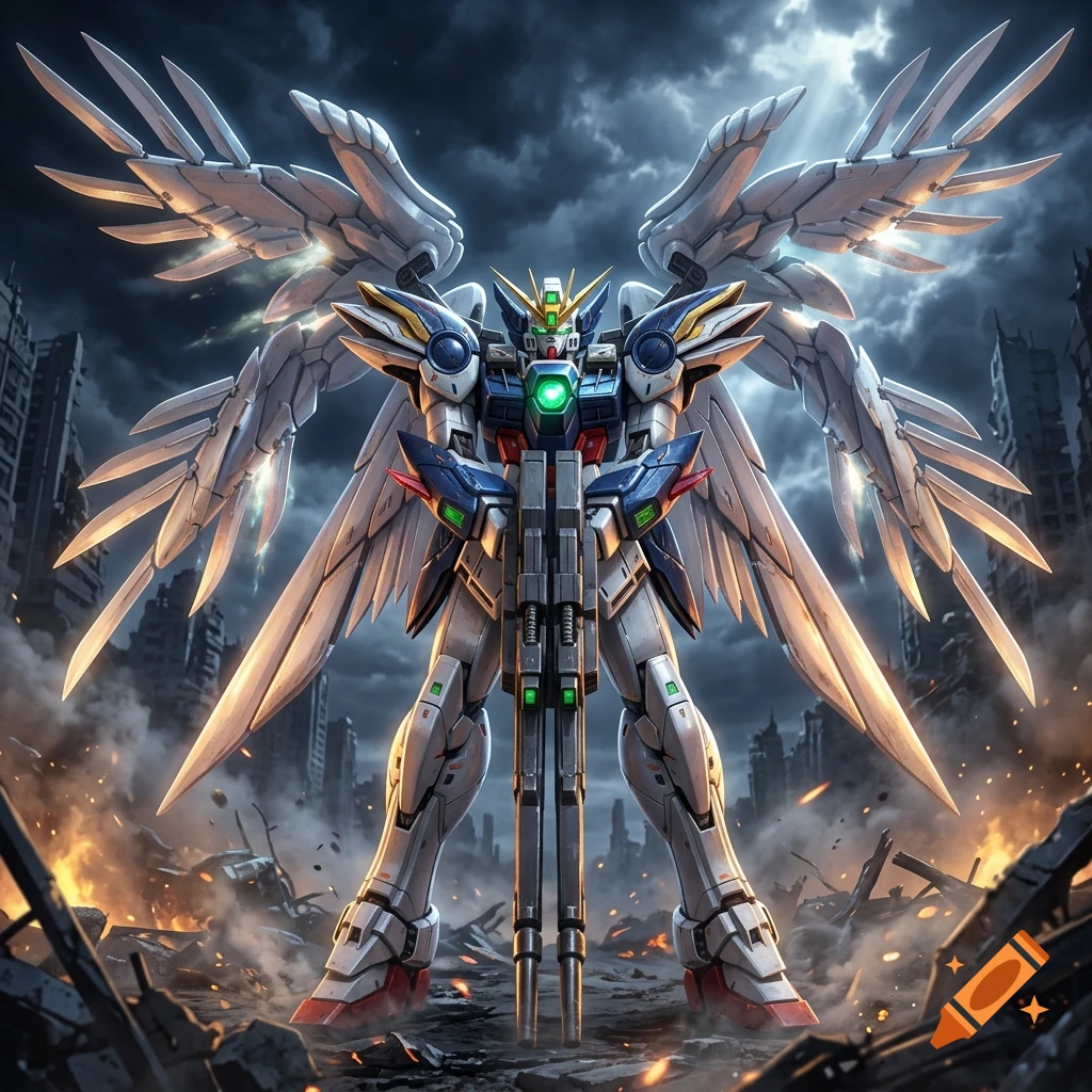 Gundam Wing Zero with large feathered wings standing amidst a ruined battlefield with smoke and fire, digital art style.
