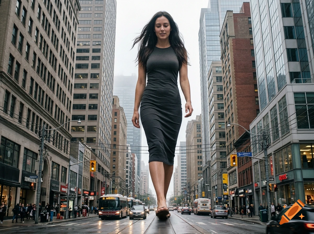 A giant woman in a dark dress walking down a city street lined with tall buildings, viewed from a low angle.