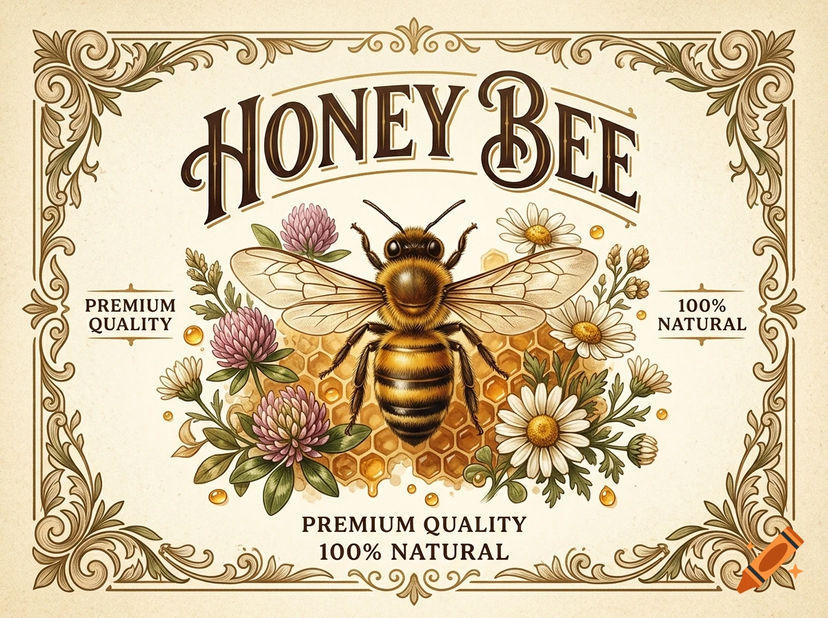 Vintage honey bee label illustration with clovers, daisies, and a central honey bee over a honeycomb pattern.