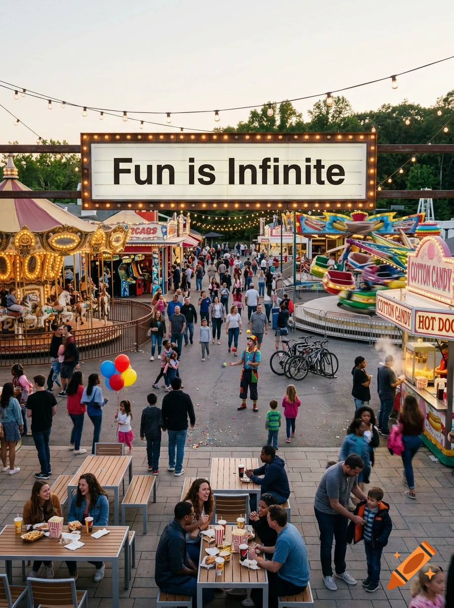 Photorealistic view of a busy amusement park entrance at dusk with a large glowing sign that reads 'Fun is Infinite'.