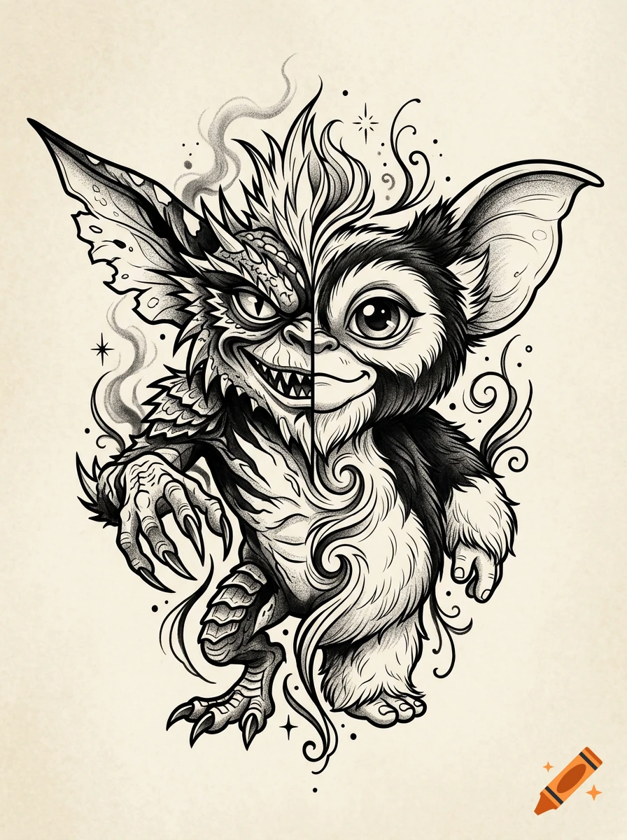 A black and white sketch showing a split-face creature, with a cute fluffy side like Gizmo on the right and a scaly, menacing side like a Gremlin on the left.