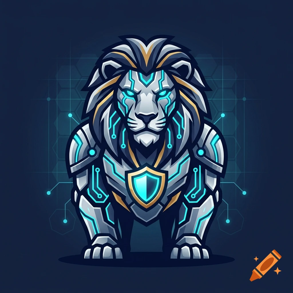 Illustration of a robotic cybernetic lion with glowing blue circuit patterns and a shield emblem.