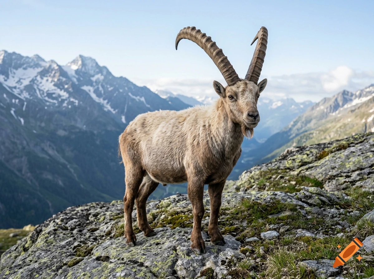 Photorealistic image of a male ibex standing on a rocky mountain ridge with snow-capped peaks in the background.