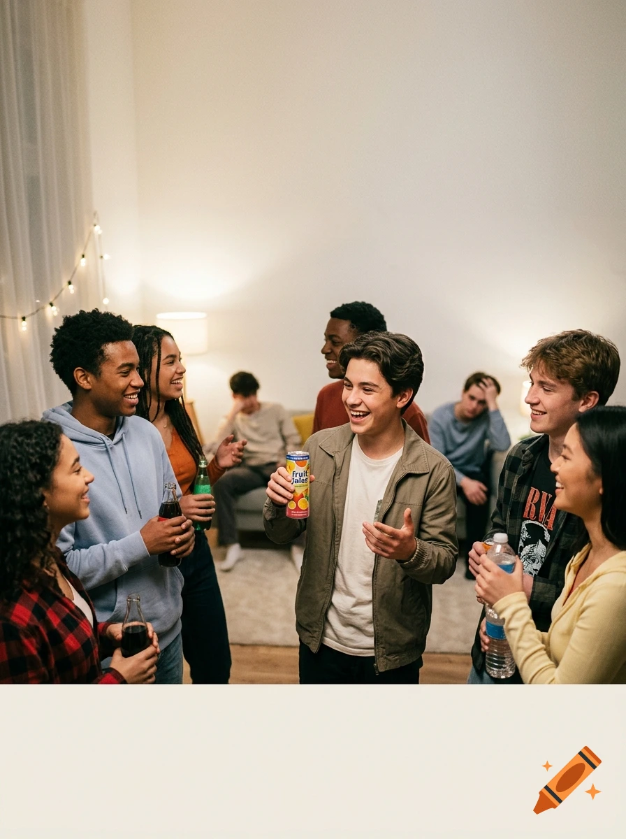 Photorealistic image of a diverse group of young adults smiling and holding drinks at an indoor party.