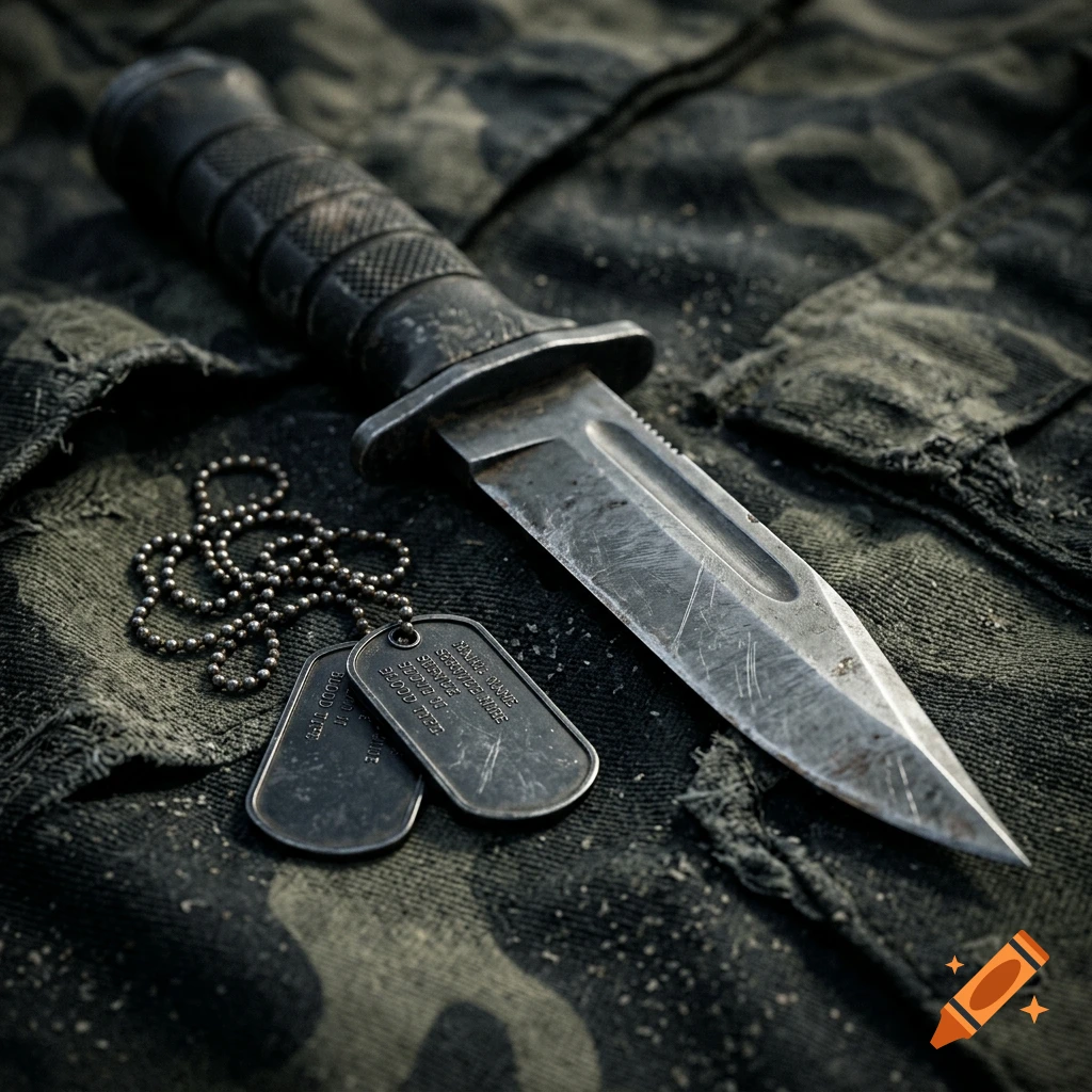 Photorealistic close-up of a combat knife and dog tags on dark camouflage fabric.