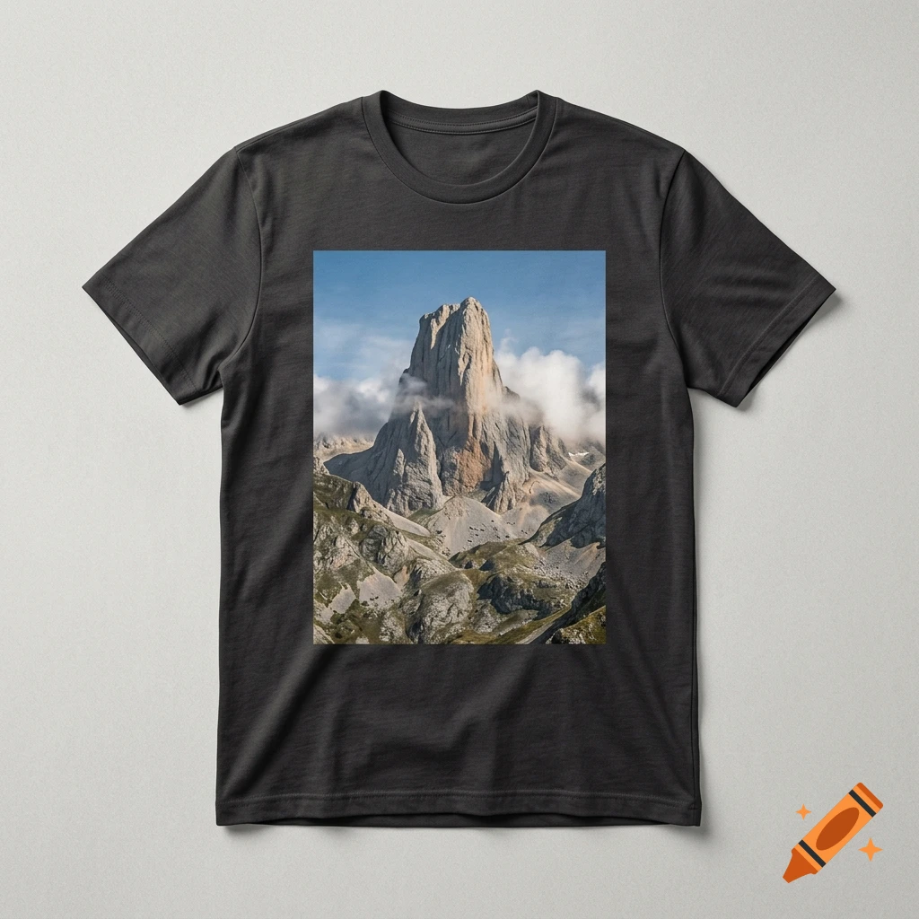 A black t-shirt mockup featuring a photographic print of Pico Urriello surrounded by clouds.