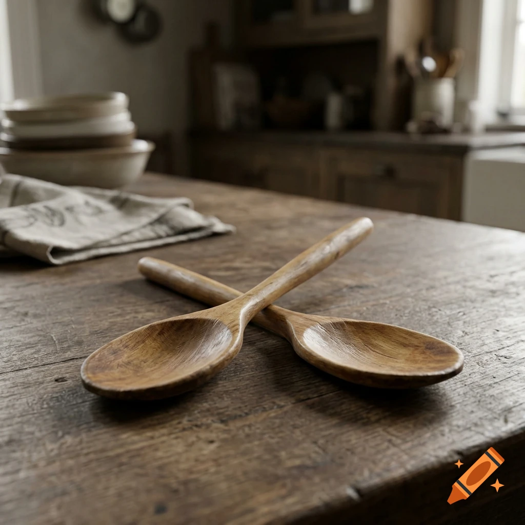Two crossed wooden spoons rest on a rustic wooden table inside a cozy kitchen.