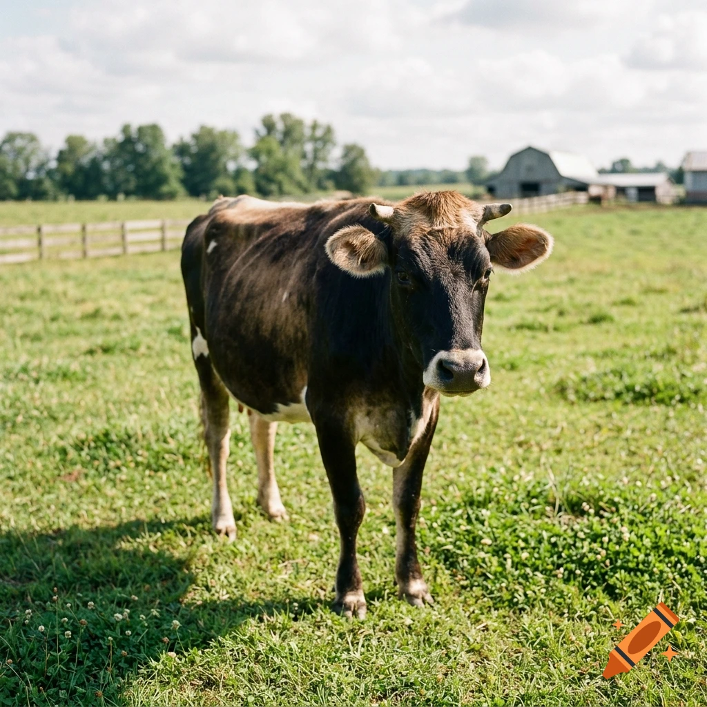 A brown and black cow standing in a grassy field with a barn in the background.