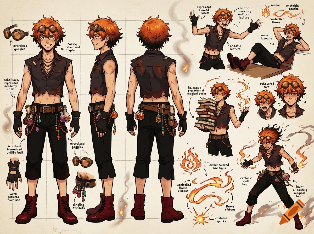 Concept art sheet of a male pyromancer assistant with orange hair, goggles, and fire magic, in retro anime style.