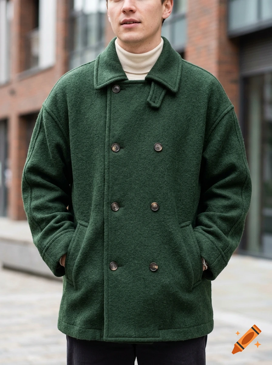 A person wearing a thick dark green double-breasted wool pea coat over a cream turtleneck sweater, with hands in pockets.