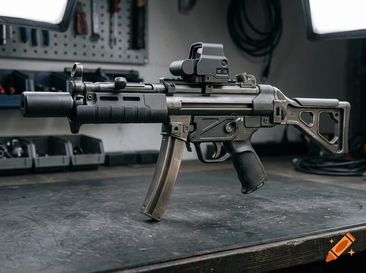 Photorealistic image of a modified MP5 submachine gun resting on a workbench in a workshop.