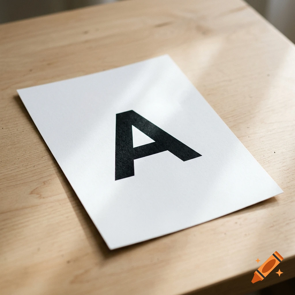 A sheet of white paper with the black letter A printed on it, resting on a wooden surface.