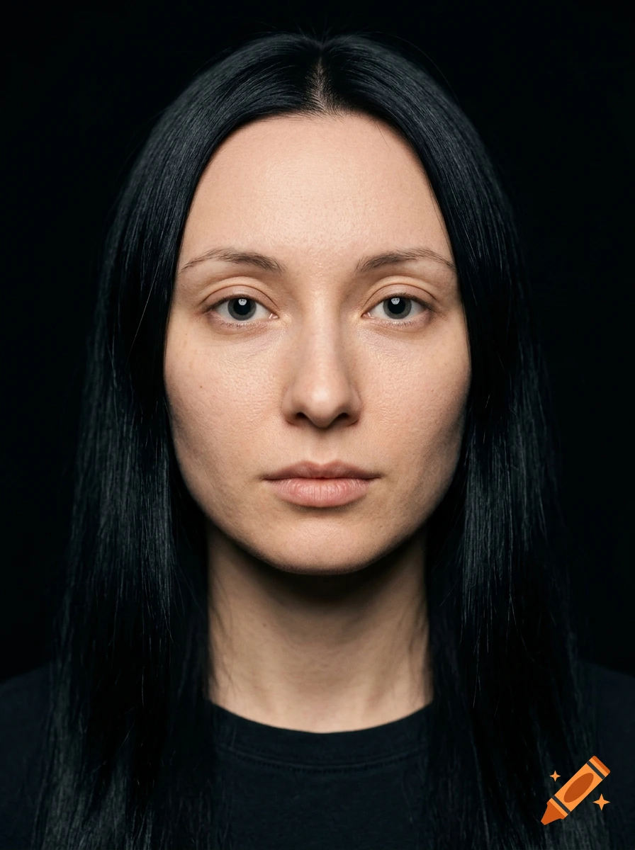 Close-up photorealistic portrait of a woman with long black hair and pale skin against a black background.