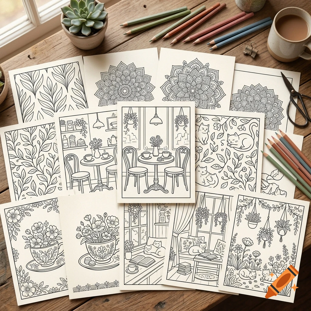 Overhead view of various black and white coloring book pages featuring plants, mandalas, cafes, and cats scattered on a wooden table.